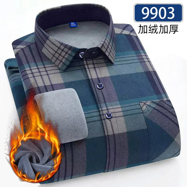Men's Thick Fleece Long Sleeve Plaid Shirt for Autumn Winter Wear