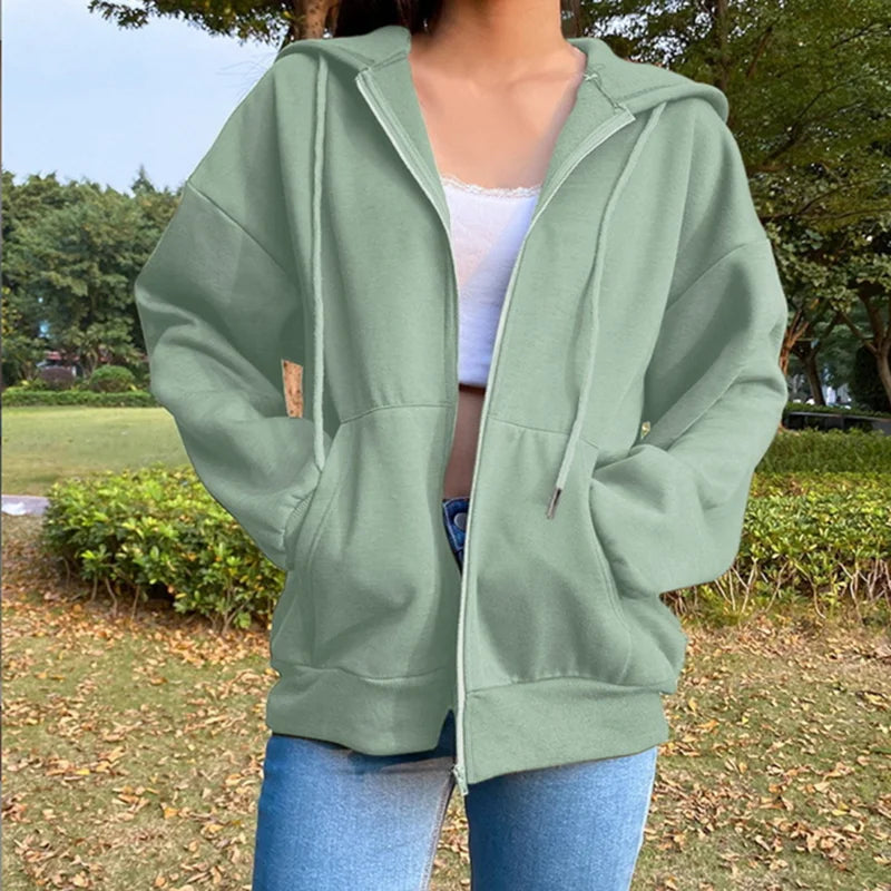 Women's Solid Color Fleece Hoodie with Pockets and Zipper
