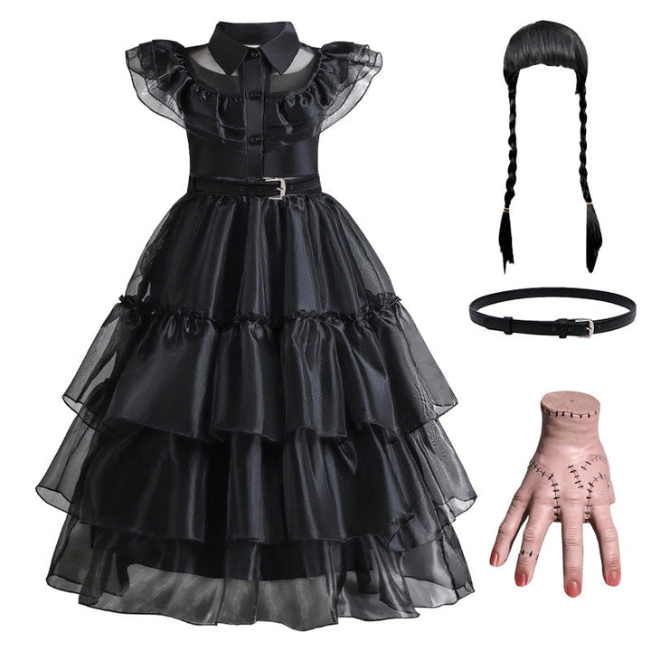 Halloween's Black Layered Cake Gown with Mesh Details for Girls