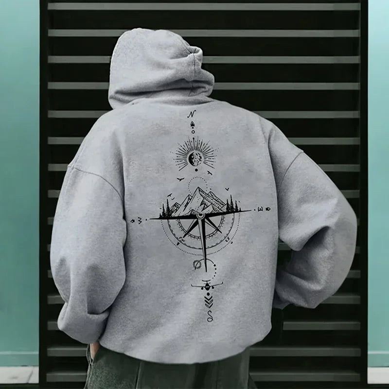 Men's Vintage Compass Print High-Quality Hooded Pullover Sweatshirt