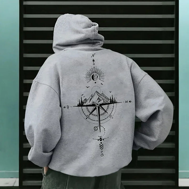 Men's Vintage Compass Print High-Quality Hooded Pullover Sweatshirt