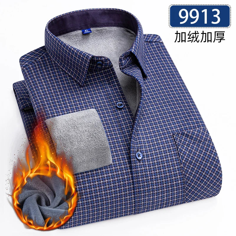 Men's Thick Fleece Long Sleeve Plaid Shirt for Autumn Winter Wear