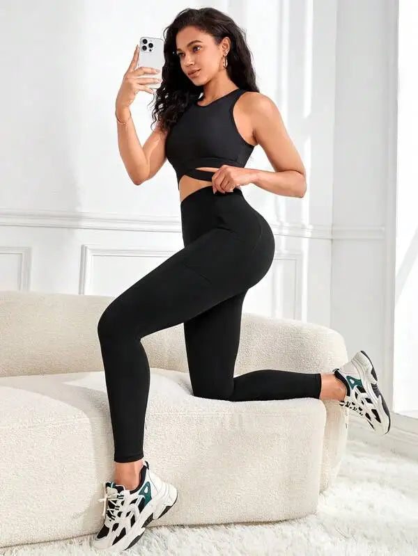Women's High-Waisted Solid Color Yoga Leggings with Pockets