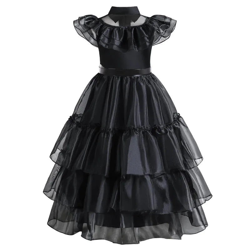 Halloween's Black Layered Cake Gown with Mesh Details for Girls