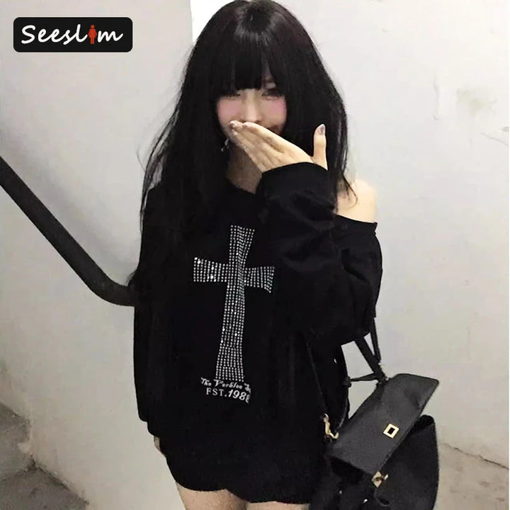 Women's Graphic One-Shoulder Long Sleeve Black Hoodie Top
