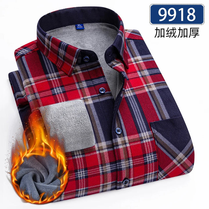 Men's Thick Fleece Long Sleeve Plaid Shirt for Autumn Winter Wear