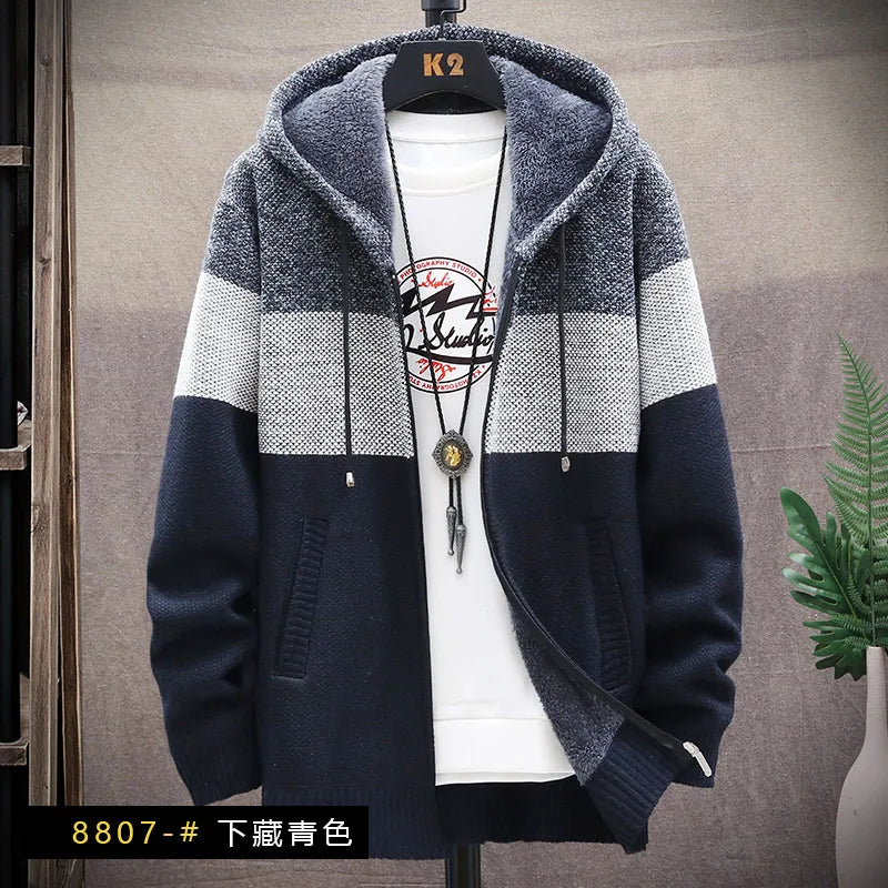 Men's Fleece Zipper Cardigan Sweater with Velvet Stripes