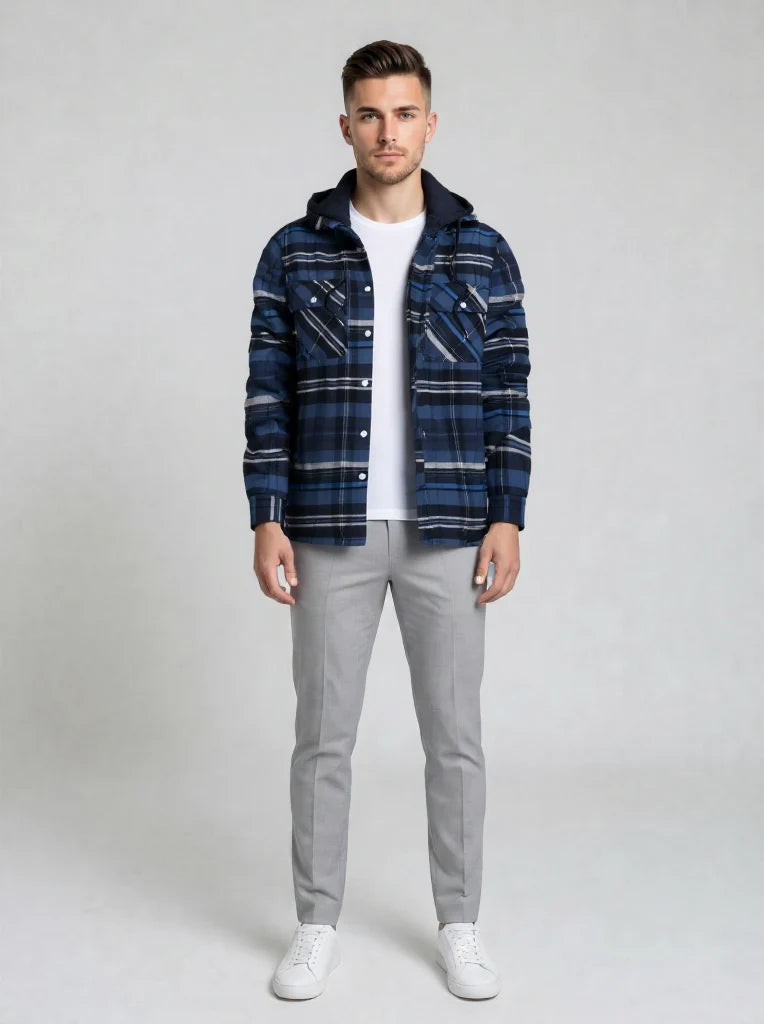 Men's Quilted Hooded Snap Button Jacket
