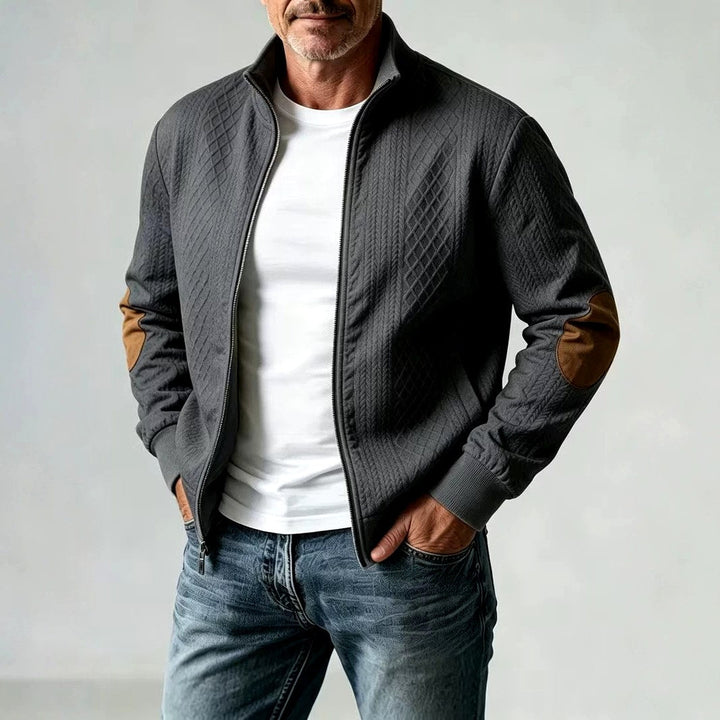 Men's Quilted Zip-Up Jacket with Contrast Elbow Patches