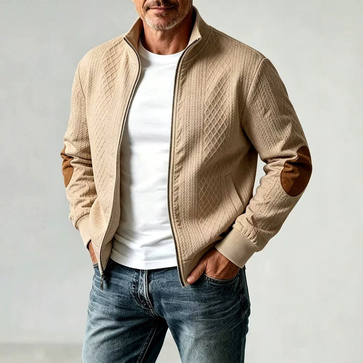 Men's Quilted Zip-Up Jacket with Contrast Elbow Patches