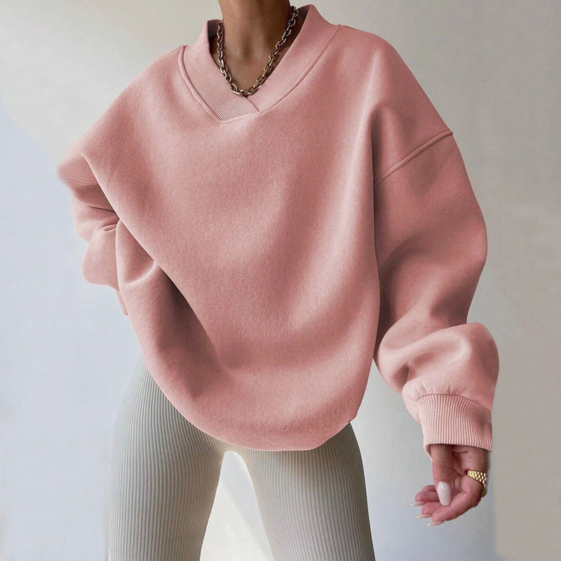 Women's Cozy Oversized V-Neck Fleece Sweatshirt with Ribbed Trim