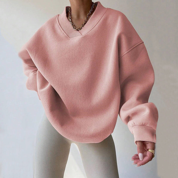 Women's Cozy Oversized V-Neck Fleece Sweatshirt with Ribbed Trim