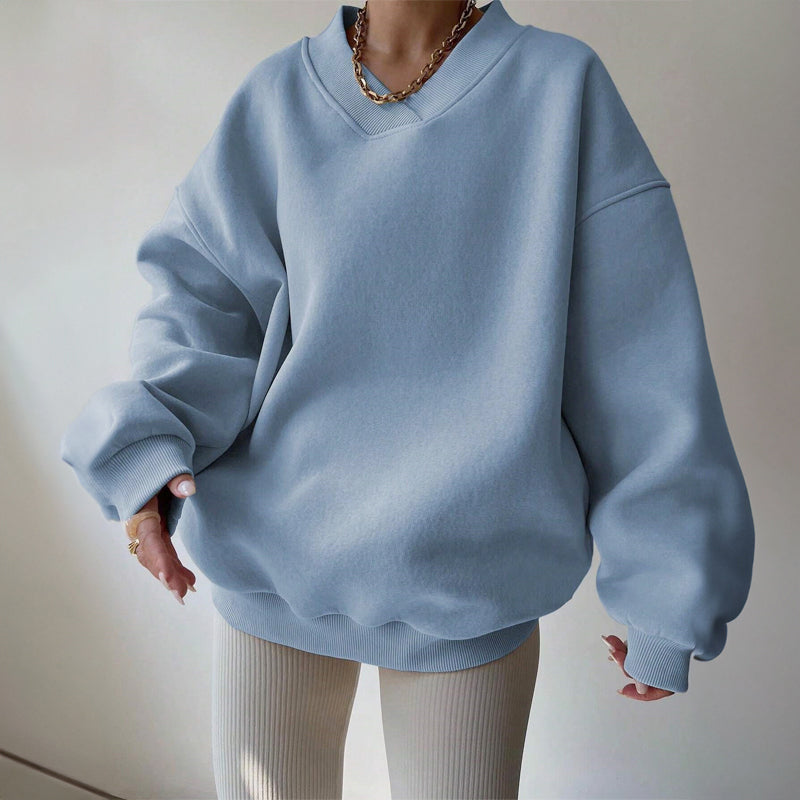 Women's Cozy Oversized V-Neck Fleece Sweatshirt with Ribbed Trim