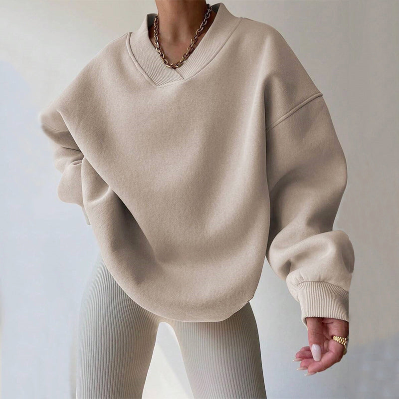 Women's Cozy Oversized V-Neck Fleece Sweatshirt with Ribbed Trim