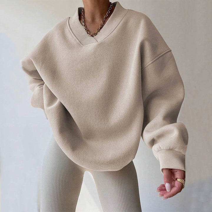 Women's Cozy Oversized V-Neck Fleece Sweatshirt with Ribbed Trim