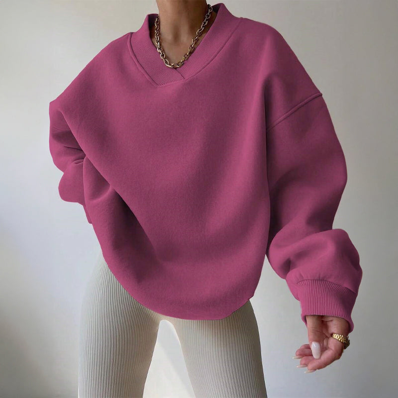 Women's Cozy Oversized V-Neck Fleece Sweatshirt with Ribbed Trim