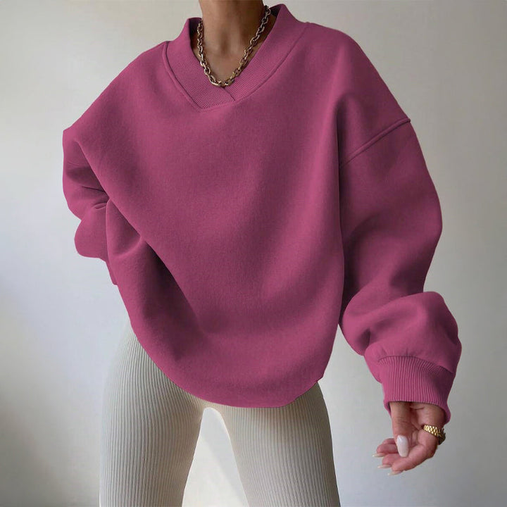 Women's Cozy Oversized V-Neck Fleece Sweatshirt with Ribbed Trim