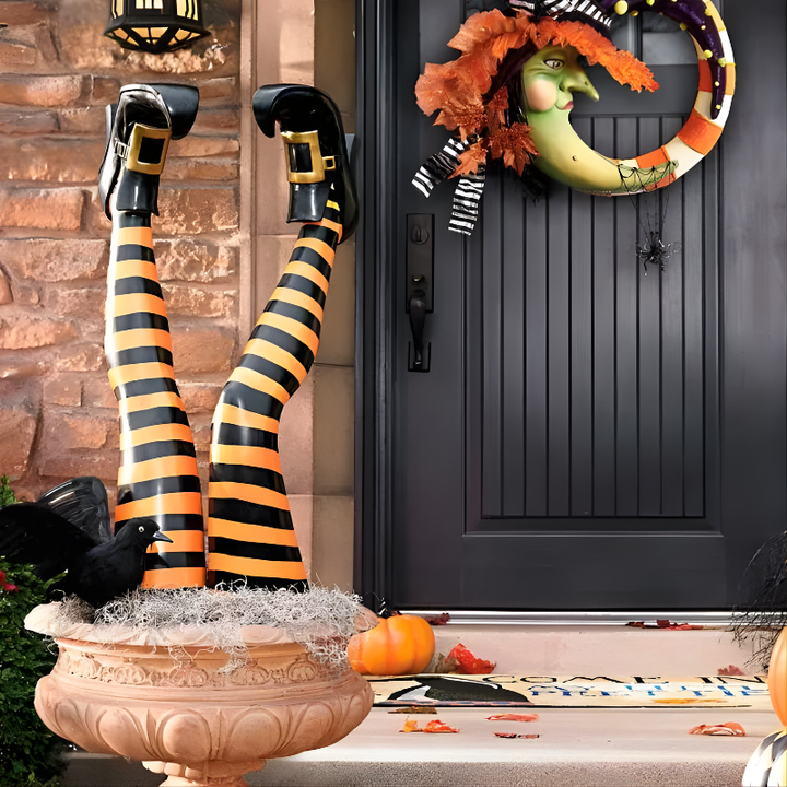 Halloween's Witch Leg Garden Stakes with Striped Boots, Set of 2