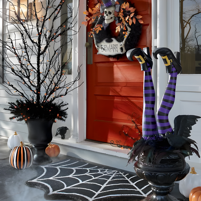 Halloween's Witch Leg Garden Stakes with Striped Boots, Set of 2