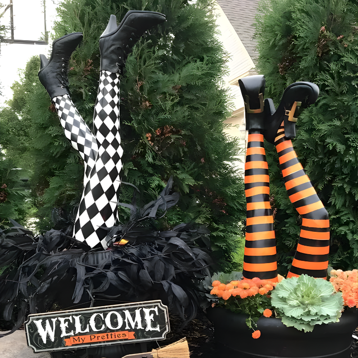 Halloween's Witch Leg Garden Stakes with Striped Boots, Set of 2