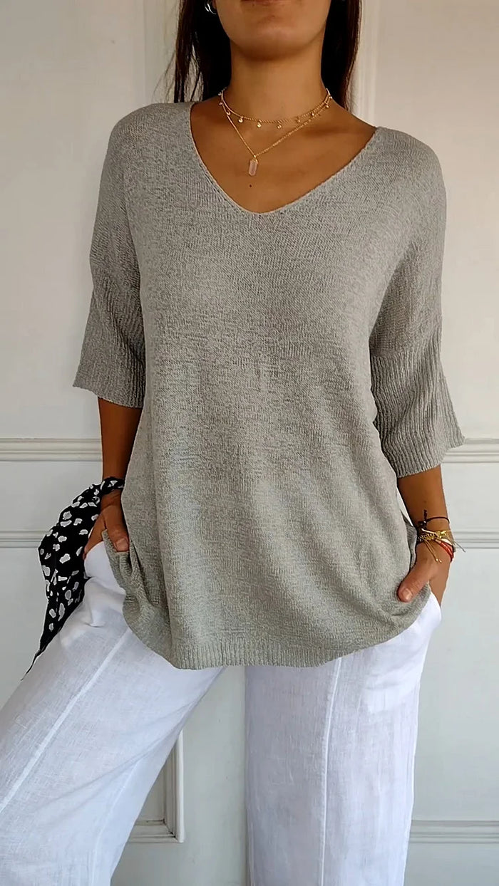 Kristine | Women's V-Neck Knit Top with Half-Sleeves