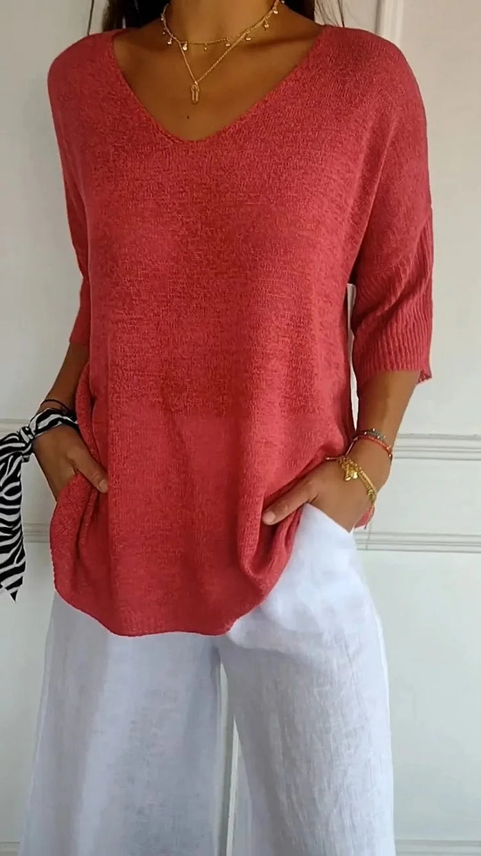 Kristine | Women's V-Neck Knit Top with Half-Sleeves