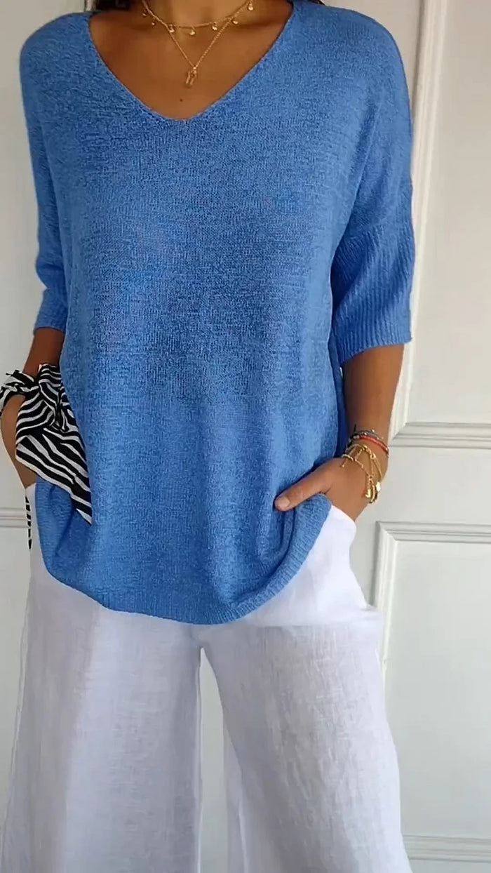 Kristine | Women's V-Neck Knit Top with Half-Sleeves