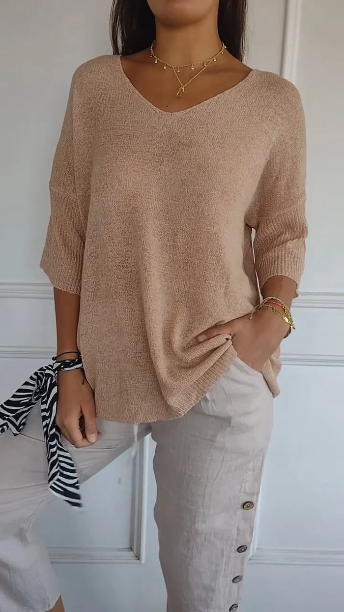 Kristine | Women's V-Neck Knit Top with Half-Sleeves