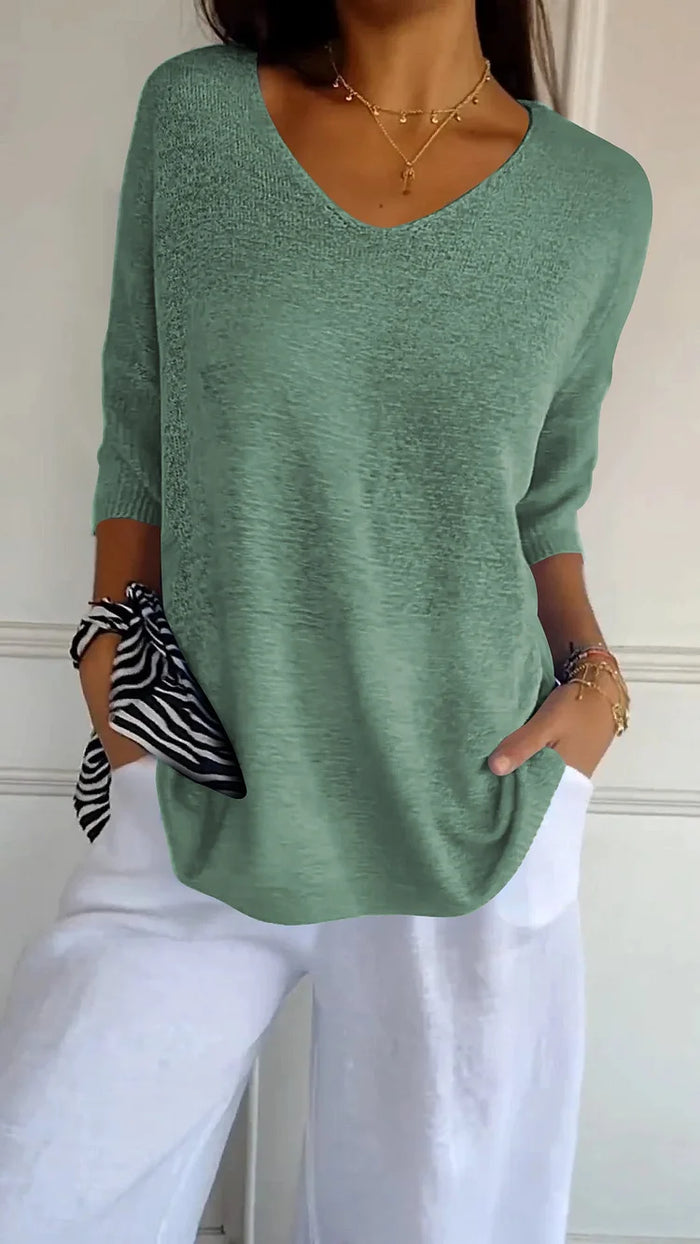 Kristine | Women's V-Neck Knit Top with Half-Sleeves