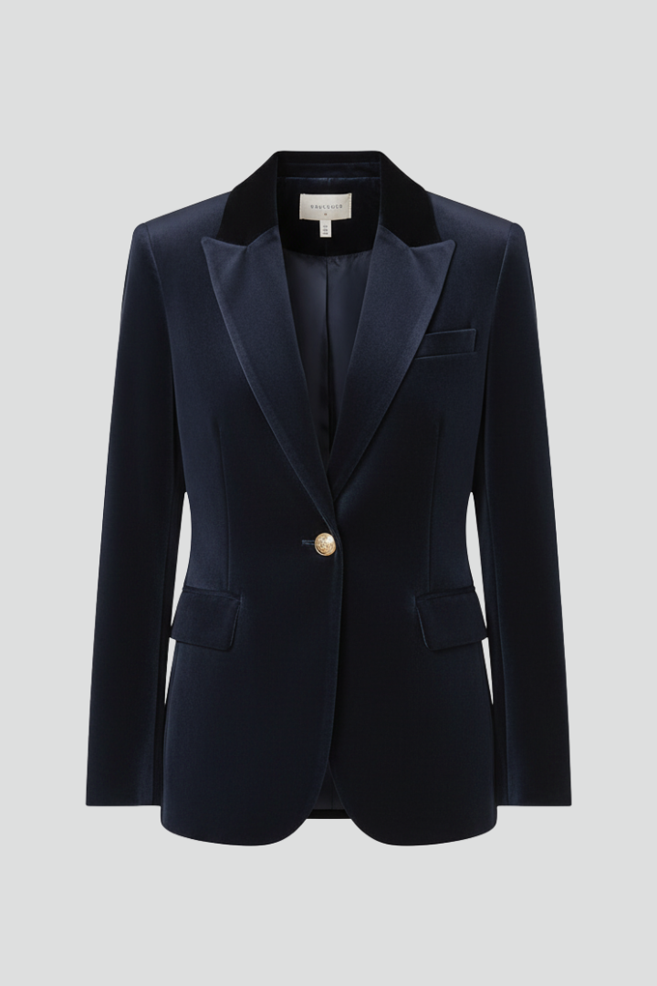 Women's Tailored Velvet Blazer with Peak Lapel and Gold Buttons