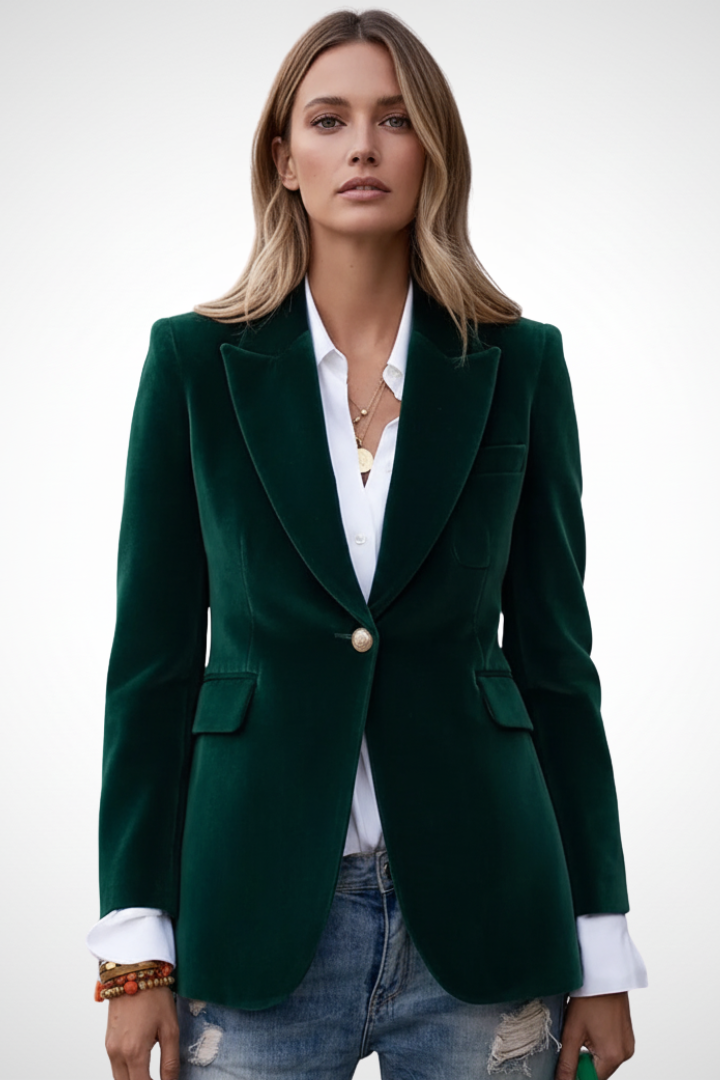Women's Tailored Velvet Blazer with Peak Lapel and Gold Buttons