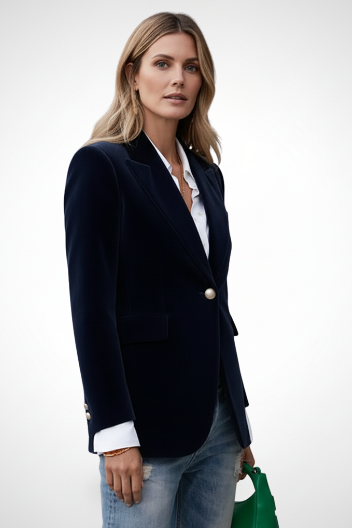 Women's Tailored Velvet Blazer with Peak Lapel and Gold Buttons