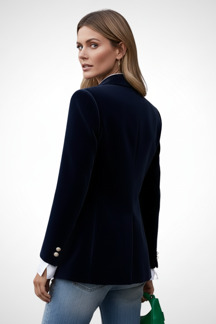 Women's Tailored Velvet Blazer with Peak Lapel and Gold Buttons