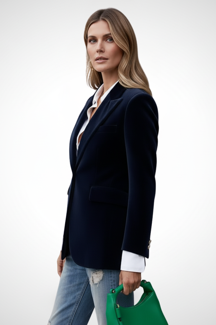 Women's Tailored Velvet Blazer with Peak Lapel and Gold Buttons