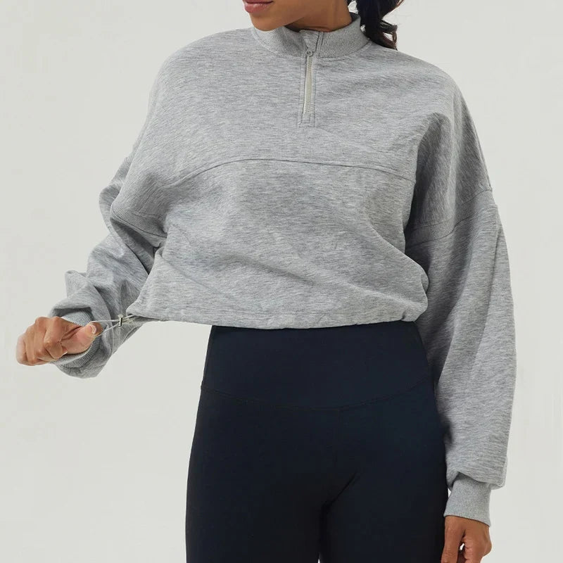 Women's Cropped Oversized Sweatshirt with Zip Closure