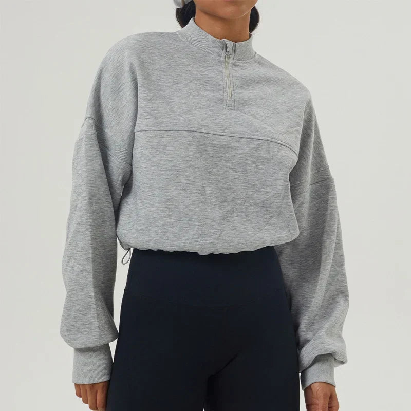 Women's Cropped Oversized Sweatshirt with Zip Closure