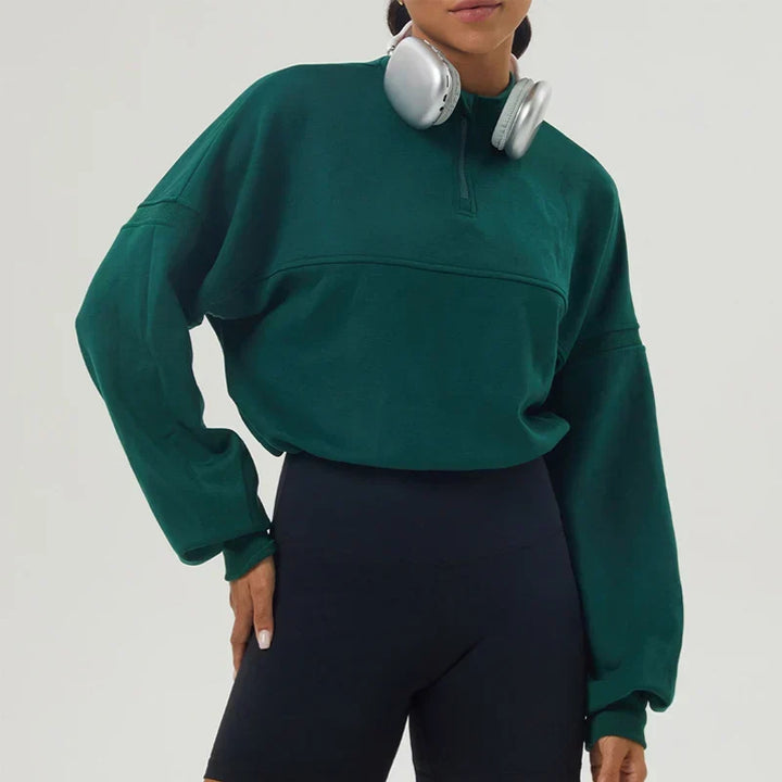 Women's Cropped Oversized Sweatshirt with Zip Closure