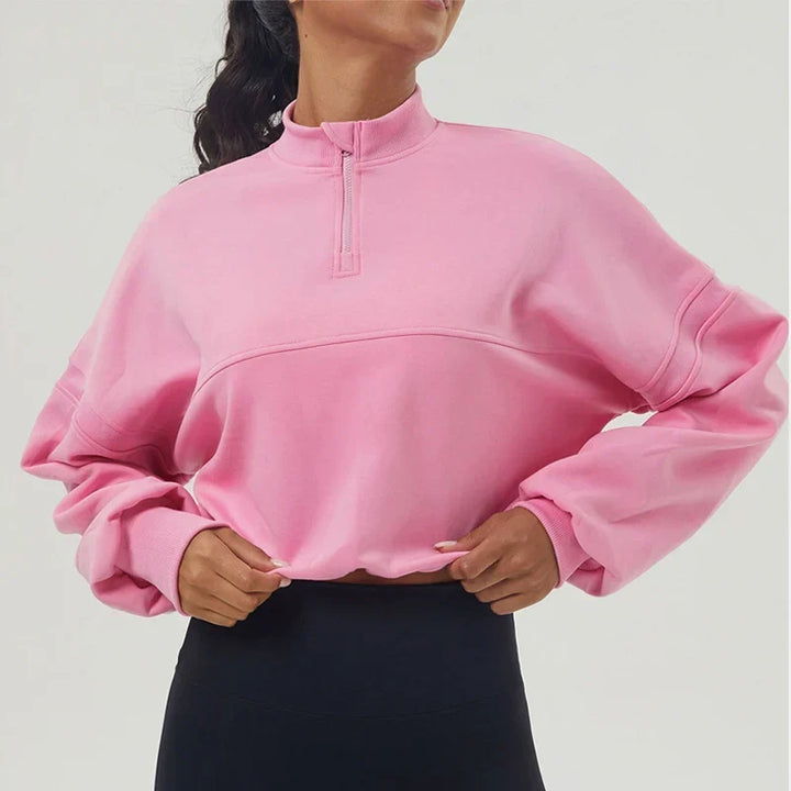 Women's Cropped Oversized Sweatshirt with Zip Closure