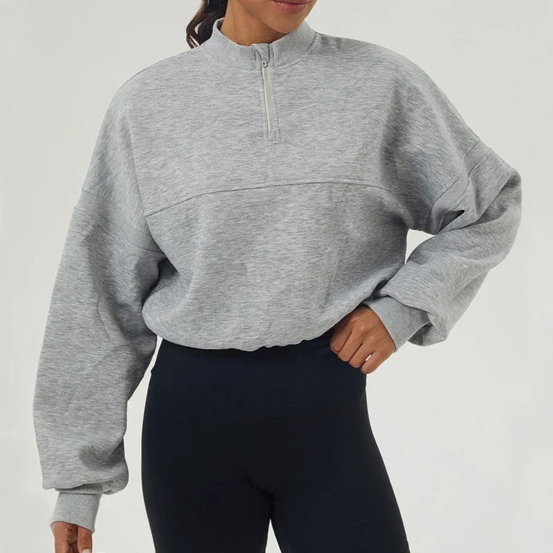 Women's Cropped Oversized Sweatshirt with Zip Closure