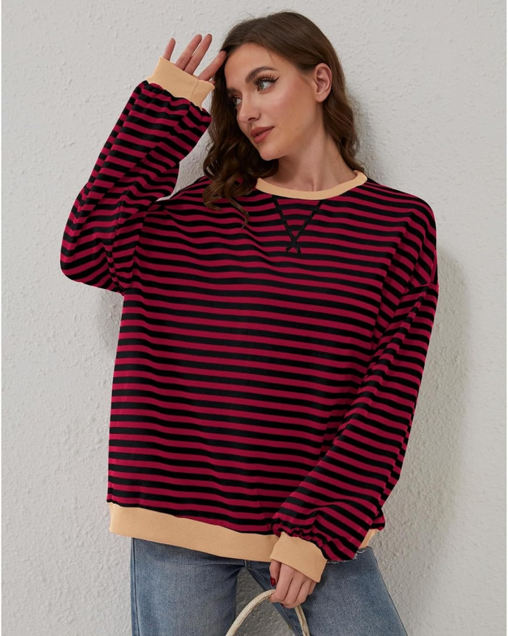 Women's Casual Oversized Striped Pullover Sweatshirt