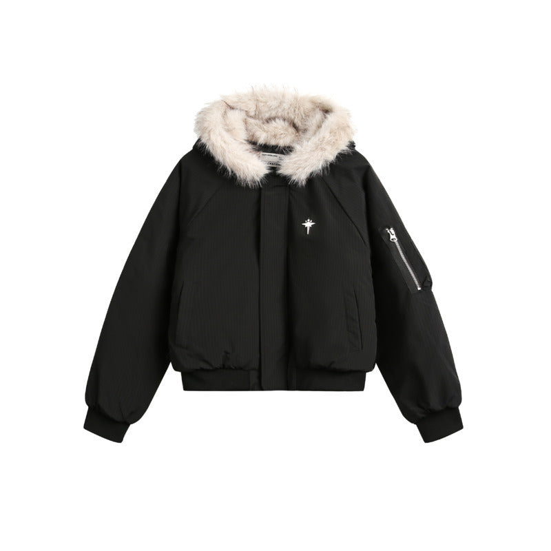 Men's Warm Bomber Jacket with Fur Hood