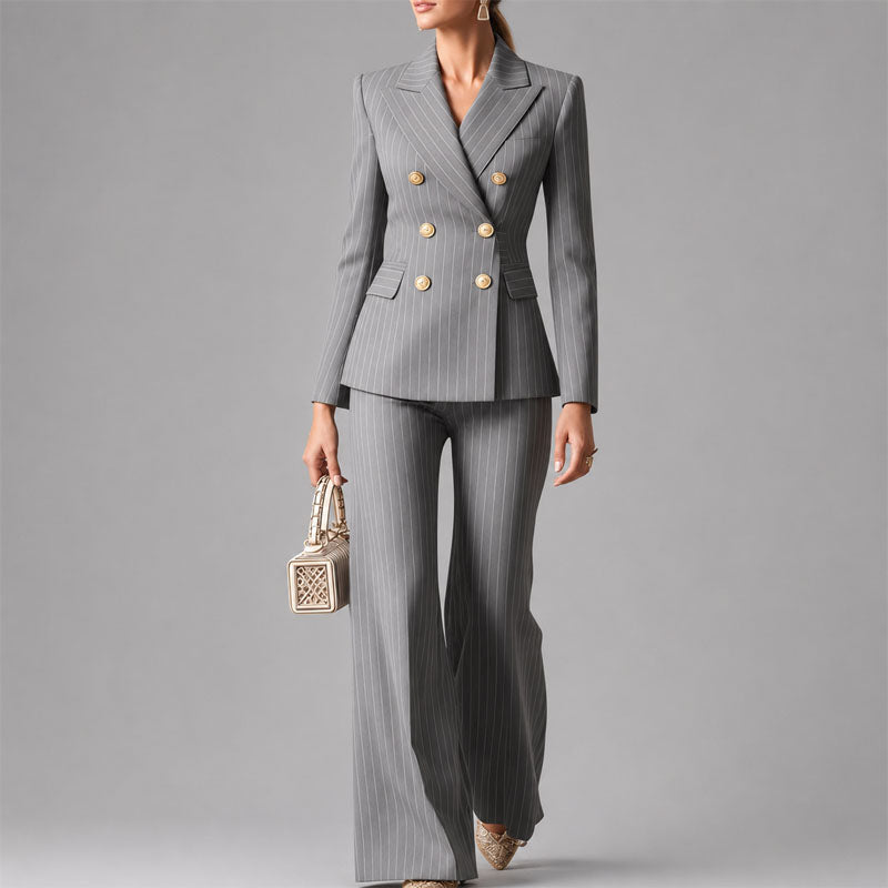 Yvonne | Women's Pinstripe Double-Breasted Pantsuit Set
