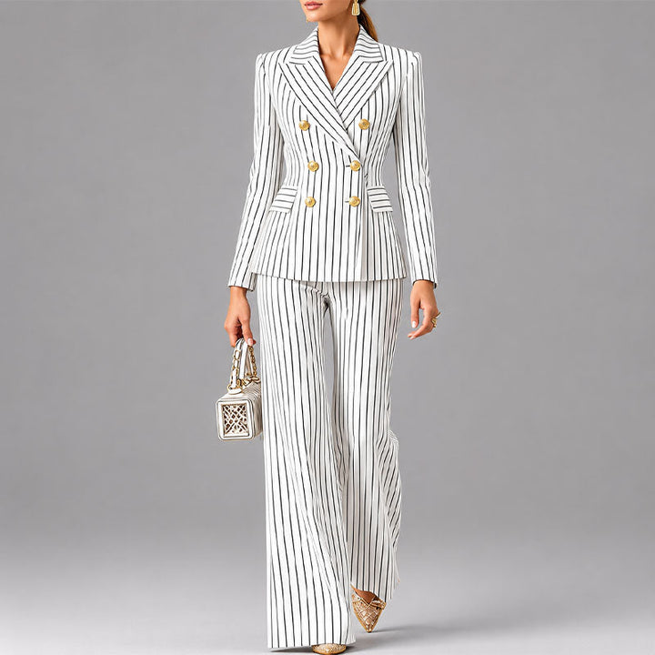 Yvonne | Women's Pinstripe Double-Breasted Pantsuit Set