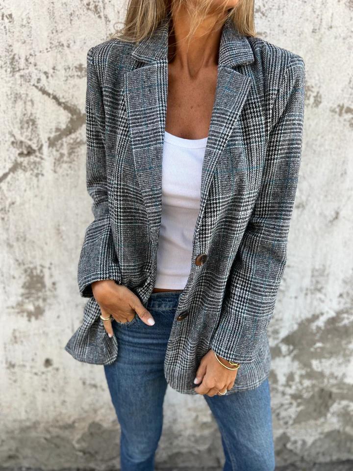 Women's Plaid Single-Breasted Blazer with Notch Lapel & Pockets