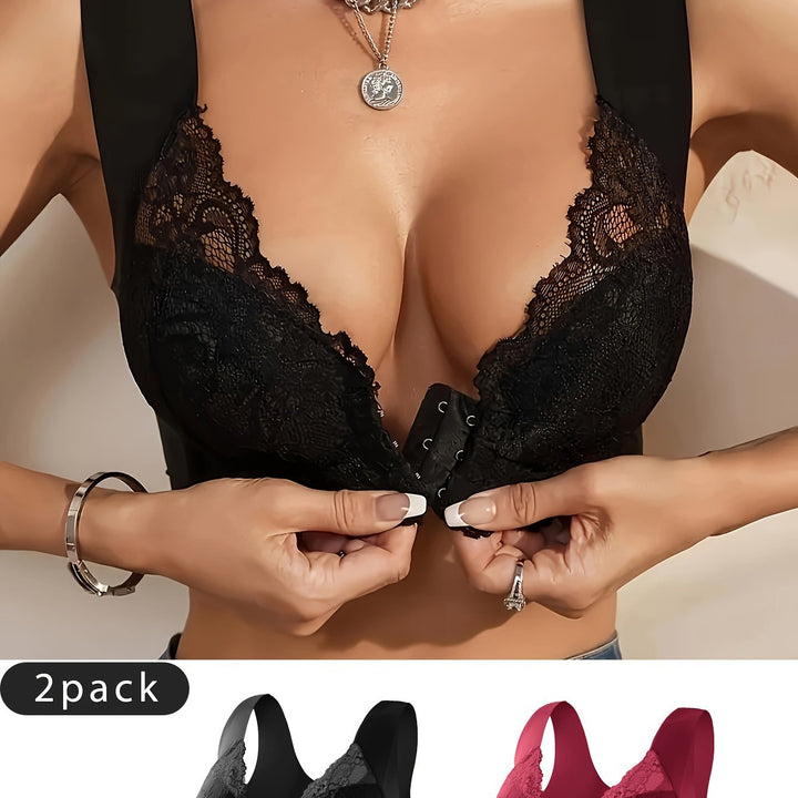 Women's Set of 2 Front Closure Bras with Lace Details for Comfort