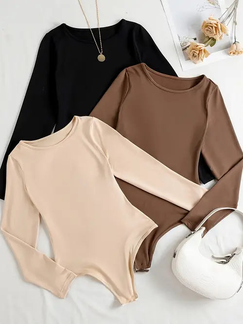 Women's 3-Pack Casual Long Sleeve Bodysuits