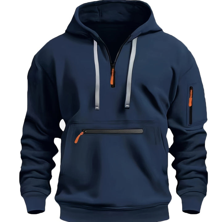 Men's Solid Color Half-Zip Long Sleeve Casual Hoodie with Pocket