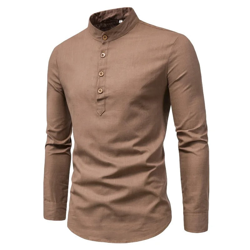 Men's Elegant Linen Shirt with Stand-Up Collar for Stylish Comfort
