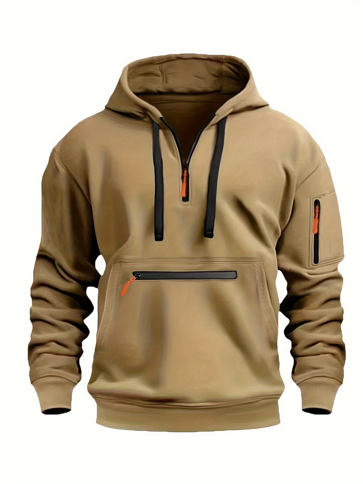 Men's Solid Color Half-Zip Long Sleeve Casual Hoodie with Pocket