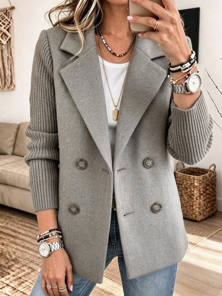 Women's Double-Breasted Blazer with Ribbed Knit Sleeves